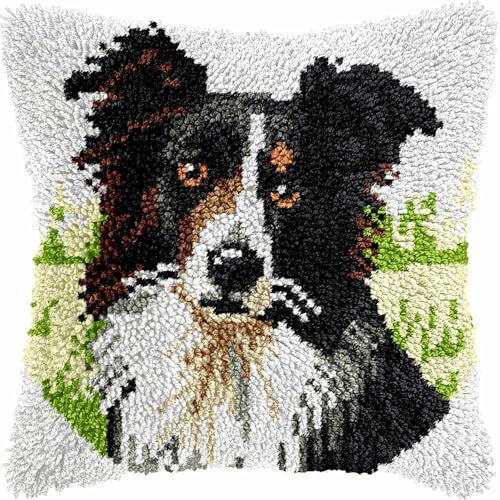 KnüpfKissen Set Erwachsene Kinder mit vordruck Border Collie Hund Weiß Grün knüpfteppich zum selber knüpfen Kissenbezug Anfänger DIY Handarbeit Stickerei Sets Handgemachtes Handwerk Sofa Wohnkultur 43