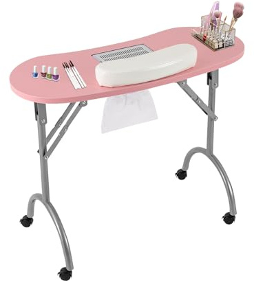 LENJKYYO Manikyrbord nagelbord med sugning, 90 x 40 cm vikbart manikyrbord multifunktionellt nagelbord bärbart manikyrbord för trimning, skönhet, nagelvård (rosa)