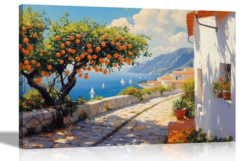 Artley Prints - Mediterranean Coast Landscape Orange Tree Colourful Canvas Wall Art Prints Home Living Room Decoration Artwork 51 x 35cm (20 x 14 inches)