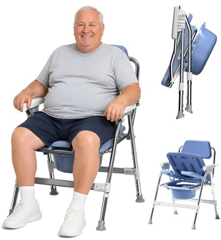 Chaise percée 4 en 1 pour personnes âgées - Dossier ergonomique pivotant - Réglable en hauteur - Chaise de douche pliable avec coussin d'assise en EVA à 2 couches - Cadre stable en acier inoxydable