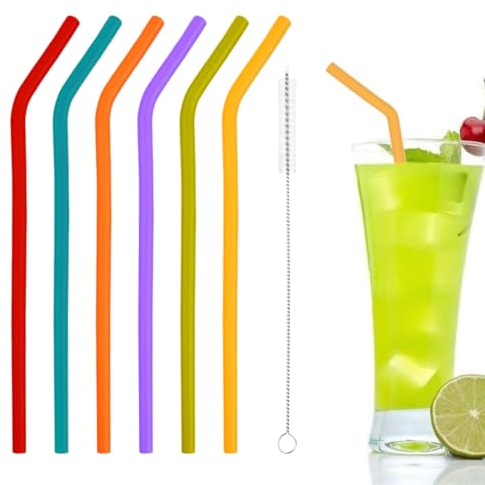WUFKOP Set da 6 Cannucce in Silicone Pieghevoli, Cannucce Riutilizzabili BPA Free con Spazzola per Pulizia, Ideali per Bambini, Famiglia, Cocktail, Smoothie, Party