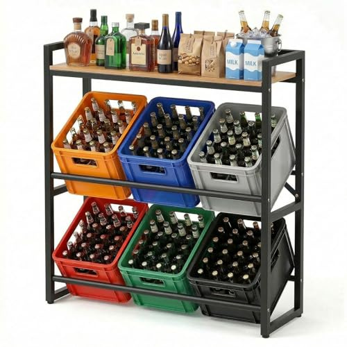 Treeboy Metal Beverage Crate Narrow Shelving Unit Natural Wood for Storage | Beverage crate rack for 6 crates,Standing Storage Rack Shelf Drinks Crate Rack 370 kg Load Capacity for Kitchen Pantry Garage