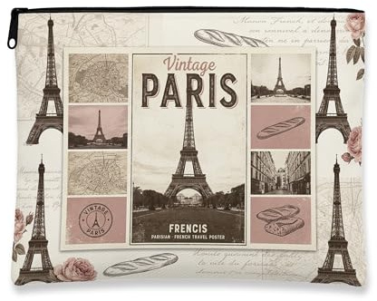Beauty case vintage con motivo floreale Torre di Parigi, astuccio per cosmetici da donna, organizer portatile in tela con cerniera, borsa da viaggio per la primavera, Beige, 7x9 Inch, Paris