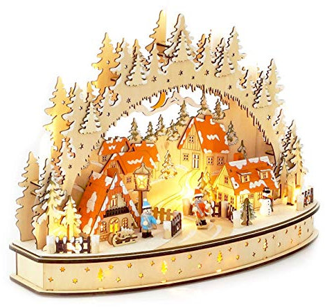Wichtelstube Kollektion Holzkunst LED Schwibbogen Oval Weihnachtsdorf Lichterbogen Schwippbogen Holz Weihnachtsdeko Fenster, Batteriebetrieben inkl. Timer