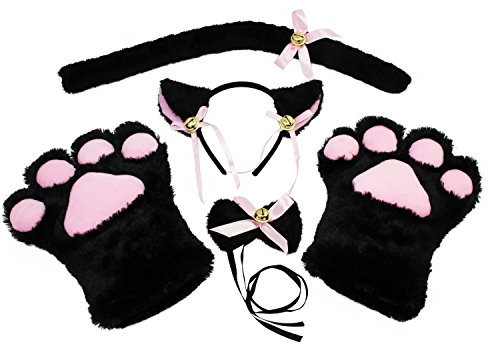 KEESIN Gatto Cosplay Set peluche artiglio guanti gatto gattino orecchie coda collare zampe carino adorabile costume per il set per bambini e adulti (Nero)