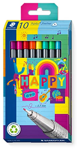 STAEDTLER Fineliner triplus Happy, ergonomischer Dreikantschaft, superfeine, metallgefasste 0,3 mm Spitze, lange Lebensdauer, 10 Fineliner in sortierten Happy-Farben im Kartonetui, 334 C10 HA