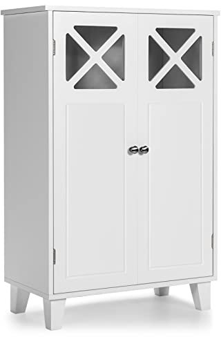 COSTWAY Bathroom Floor Cabinet, Freestanding Wooden Storage Cupboard with Double Doors and Adjustable Shelf, Display Side Cabinet Organiser Unit for Living Room Bedroom Hallway, White