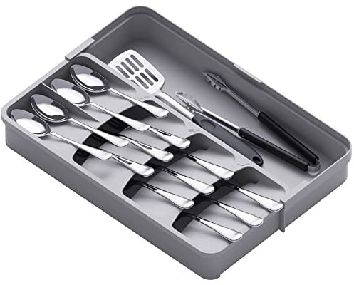 Lifewit Cutlery Drawer Organiser, Compact Utensil Tray for Kitchen, Expandable Knife and Fork Drawer Organiser, Adjustable Plastic Silverware Flatware Holder for Spoons Storage Organisation, Grey
