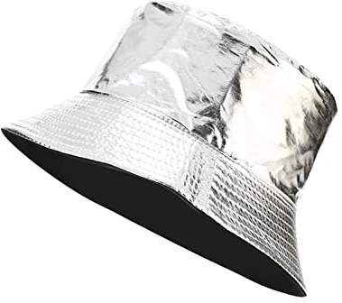 IHAUIUE PU Leather Metallic Bucket Hat Trendy Solid Color Fishing Cap Reversible Packable Sun Hats for Women, Men, Silver