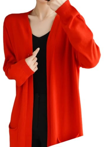 Cardigan da donna in cashmere, casual, lungo, lavorato a maglia, con scollo a V, cardigan, Rosso, XX-Large