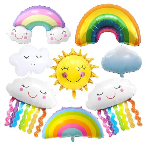 8 Stück Regenbogen Ballon, Wolkenförmige Riesenballon, Sonne Aluminium Folie Ballon, Lächelnde Quasten Luftballons, Geburtstagsdeko Set für Jungen Mädchen
