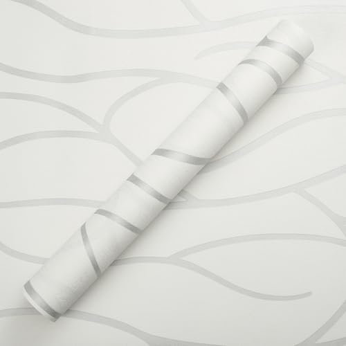 Trafagala 3D Non-Woven Embossed White Wallpaper Textured Effect Wall Paper Roll Modern Micro Glitter Geometric Striped Satin Surface Feature Wallpaper for Livingroom Bedroom