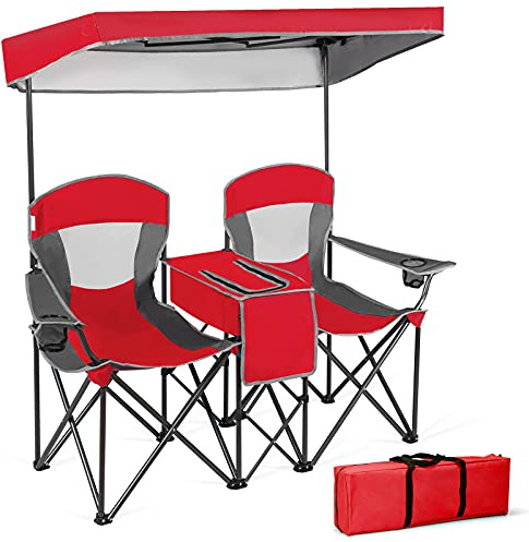 GIANTEX Campingstol med 2 partners med soltak, vikbar dubbel fiskestol med minibord och kylväska & mugghållare, fällstol för 2 personer, fiskarstol i fickan (röd)