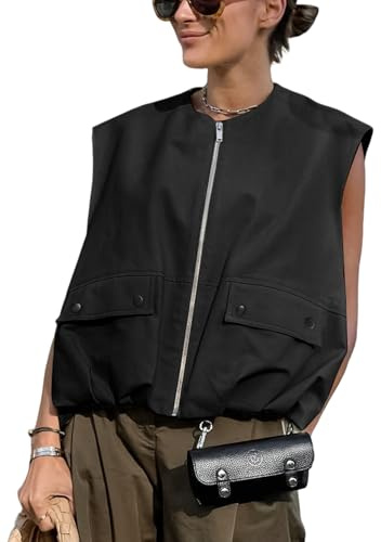 Yimoon Women’s Oversized Zip Up Cargo Vest Casual Ruched Hem Sleeveless Blazer Jackets Vest Top with Pockets(Black-L)