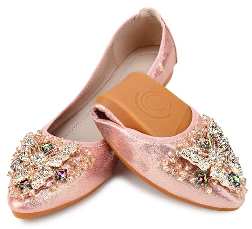 KUNWFNIX Womens Foldable Ballet Flats Soft Pointed Toe Rhinestone Butterfly Ballerina Shoes Sparkly Comfort Slip on Flat Shoes.