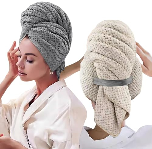 GOEDCH 100 x 60 cm mikrofiberhandduk hårturban: 2 stycken premium hårturban med elastiskt band, snabbtorkande superabsorberande hårhandduk, stor barnhandduk badhandduk, för kvinnor barn