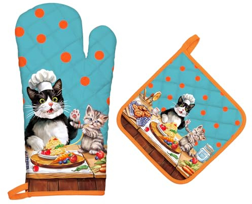 Arquiel Guanti Da Forno Presina Set Di 2, 100% Cotone Addensare Guanti Da Forno A Microonde, Presine Da Cucina Morbida Resistenti Al Calore Per Arrostire, Cuocere(Gatto Divertente)
