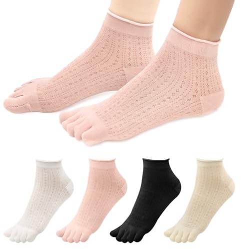 Soleeya 4 Pares Calcetines 5 Dedos Mujer Verano 34-39 | Suave Tobilleros Calcetines Cinco Dedos de Deporte, Transpirable Separados Pies Calcetines de Algodón para Mujer