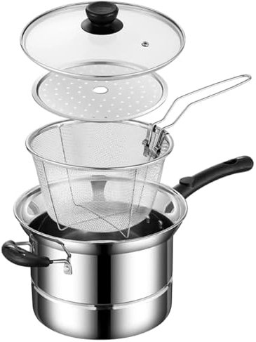 Olla freidora, olla de acero inoxidable con cesta coladora, herramienta de cocina multifuncional para patatas fritas, mariscos, camarones y anillos de cebolla, 8.66 x 5.91 pulgadas, color plateado