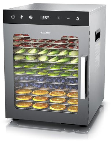 Arendo - Dörrautomat Edelstahl mit 12 Edelstahlgitter - 800 W Dörrgerät mit Temperaturregler 30°- 90°C - 12 Edelstahl Einlegetabletts - Dehydrator Obsttrockner - Fleisch, Obst, Gemüse, BPA-frei