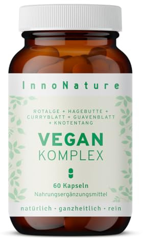 InnoNature Vegan Komplex Kapseln | mit Calcium, Eisen, Jod, Zink, Selen, Vitamin C und Vitamin B12 aus natürlicher Quelle | vegan, 60 Kapseln im 1 Monatsvorrat