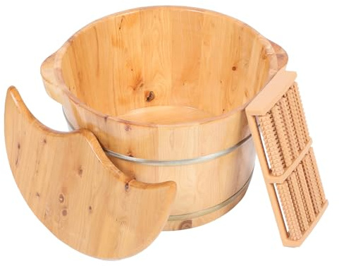 Homoyoyo Wooden Foot Soaking Basin Lid and Massage Beads Insulated Thickened Home Foot Bath Bucket for Winter