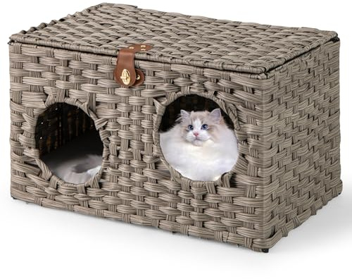 COSTWAY Wicker Cat House, Foldable Cats Bed with Soft Removable Cushion & Lockable Lid, Indoor Rattan Kitten Condo Pet Hideaway Cave, 60 x 35 x 35cm