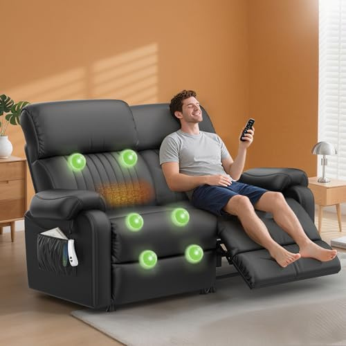 SQUEBILIFE 2 Seater Recliner Sofa 145° Reclining Loveseat with Massage & Heat, Dual Side Pockets Recliner Armchair Reclining Chairs Love Seat Couches for Living Room, RV