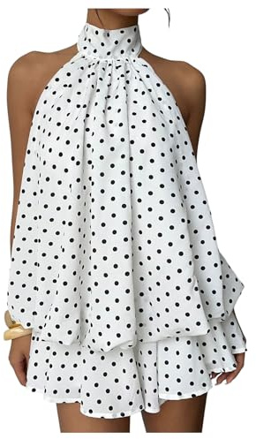 GORGLITTER Women's Polka Dots Backless Mini Dresses Halter Neck Sundress | Ruffle, Flowy, Floaty, Summer, Date Night, Going Out, Party, Clubbing, Holiday, Beach, Festival Dress
