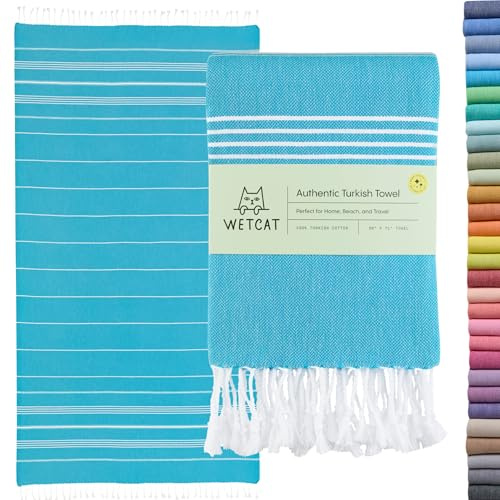 WETCAT Turkish Beach Towel Oversized (38x71) 100% Turkish Cotton, Made in Turkey - Sand Free, Extra Large, Ultra Soft, Quick Drying, Compact & Lightweight for Travel - Turquoise