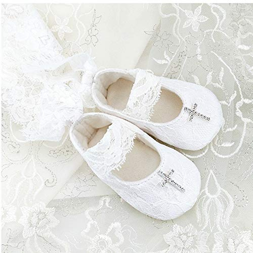 Bailarinas de encaje para bautizo con cruz de cristal brillantes blancos, mocasines, zapatillas, ceremonias para niña, 12 cm, Brillabenny (6-12 meses)