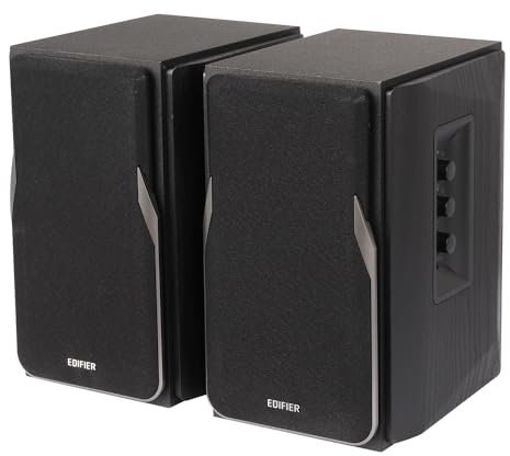 EDIFIER Studio R1380T 2.0 Regallautsprecher-System (42 Watt) im Echtholzgehäuse (MDF). Zwei LINE IN Anschlüsse. Infrarot-Fernbedienung und seitliche Bedienelemente für Bässe, Höhen und Lautstärke.