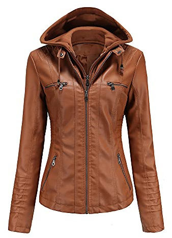 DISSA Veste biker femme en simili cuir à capuche Zip,Marron,40
