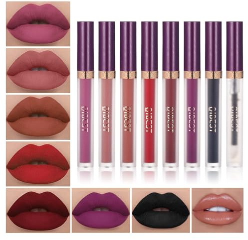 QiBest 7Pcs Matte Liquid Lipstick wiith 1Pc Lip Plumper Makeup Set, Dark Black Purple Lipstick Goth Halloween Lip Set Waterproof Lip Gloss Kit Pigmented Long Lasting Lipstick Makeup for Women & Girls