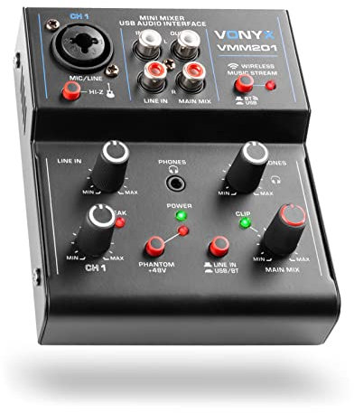 Vonyx VMM201 Mesa de mezclas de 2 canales con USB, interface de audio usb, 1 entrada de micrófono jack/XLR, 1 entrada RCA, salida máster con RCA, Bluetooth, phantom +48v, salida de auriculares, echo