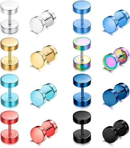 Diamday 8 Pares Piercing Oreja Pendientes Acero Inoxidable para Hombres y Mujeres - Tunel Punk, Redondo, Fake Plug, Arco Iris, Barbell, Perforados, Stud, Rosca - 8MM