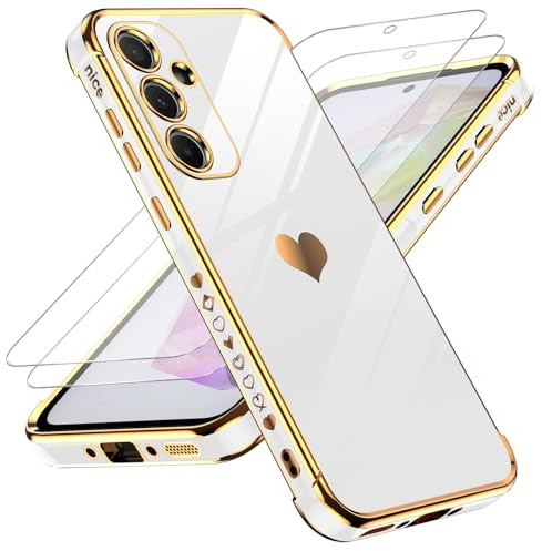 LeYi Cover per Samsung Galaxy A55 5G Custodia con Vetro Temperato [2 Pack], Amore Cuore Paraurti Morbido TPU Sottile Case con Protezione Fotocamera per Samsung A 55 Donne, Bianco