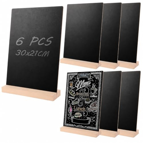 CYEER Lot de 6 Tableaux Noirs A4 (30x21cm) avec Support en Bois - Ardoises de Table Double Face Effaçables pour Menu de Buffet, Mariage, Étiquette de Prix Boulangerie, Signalétique et Fête