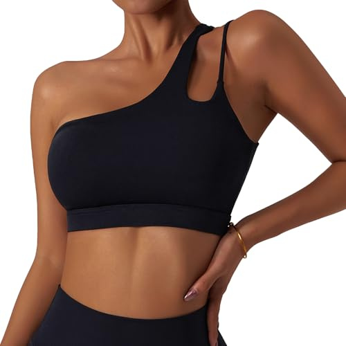 Happy Cherry Reggiseni sportivi da donna monospalla Beauty Back Yoga Bras Supporto medio Bandeau Crop Top, Nero , L