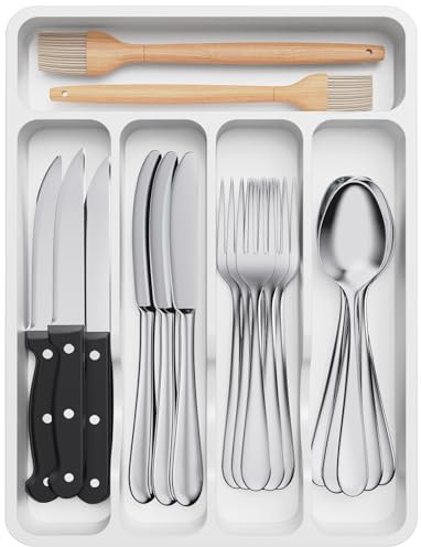 Lifewit Organizer Posate da Cassetto, Portaposate Porta Posate Cucina Cassetto Scolaposate Grande Porta Utensili Cucina, per Cucchiai Forchette Coltelli Stoviglie, 5 Scomparti, Bianco