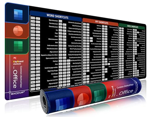 Tapis de Souris avec Touches de Raccourci Excel - Grand Tapis de Jeu XL avec Feuille de triche | Tapis de souris d'ordinateur étendu/tapis de bureau avec bords cousus pour Word/Excel/PPT (800x300mm)