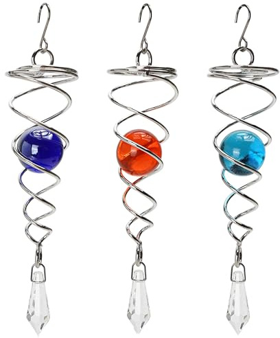 Set med 3 spiralkulor, 18 cm, stabiliserande kulor, 18 cm, rostfritt stål, med svängbar krok, trädgårdsdekoration (röd, ljusblå, mörkblå)