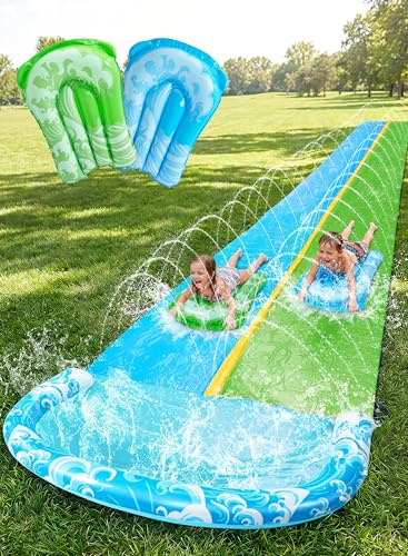 JOYIN Toboggan Aquatique de 32,5 pieds/990.6cm avec 2 Planches gonflables, Toboggan de pelouse Extra Long et résistant avec arroseur, Jouet d'été pour Enfants et Adultes, Bleu, Vert