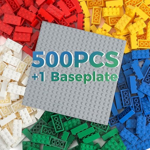HUIZDQ Juego de 500 bloques de construcción clásicos 2x4, placas base apilables clásicas, adecuado para niños y niñas a partir de 6 años, compatible con todas las grandes