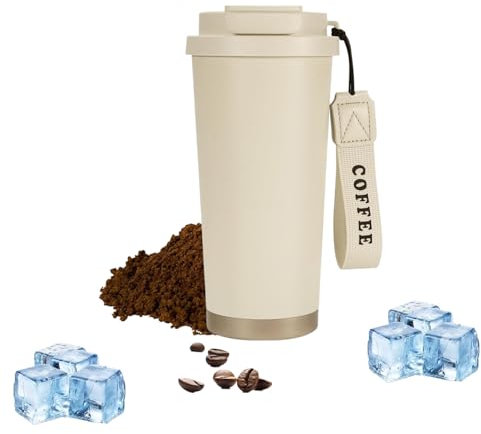 ZHUIYIWIN Taza térmica para llevar 500ml, taza para llevar con tapa y pajita, Termo Hermético para bebidas frías y calientes, Leche y Té Térmica de Acero Inoxidable BPA Free (Blanco)