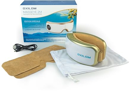 Masque de Relaxation Premium OXILOM MassEye 2M - Sons ASMR Intégrés MURMURES MÉDITERRANÉENS - Chaleur Thérapeutique, Vibrations massantes - Idéal Sommeil, Stress, Évasion - Coffret Cadeau Bien-être