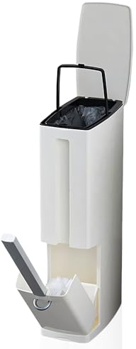 Sicignano Set 2 in 1 Scopino e Cestino da Bagno Salvaspazio Autoportante, Portascopino e Pattumiera per Toilette WC, Contenitore Spazzatura Removibile con Chiusura Antiodore