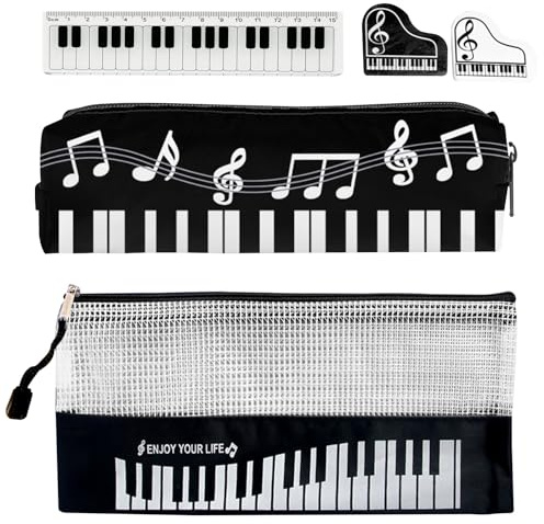 KASESSS Estuche Escolar, Multifuncional Estuche, Estuches Motivo de Piano Negro, Estuches Niño con Pequeña Carpeta, Regla y Goma de Borrar, Pencil Case para Adolescentes, Hombres y Mujeres, Negro