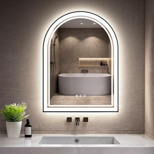 GIMBELEN LED-badrumsspegel med belysning, 80 x 60 cm, välvd badrumsspegel med touch-brytare, 3 ljusfärger, dimfri, dimbar, bågdesignspegel med ljus, badrum, svart