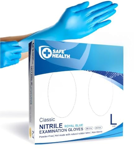 Safe Health 200 stycken nitrilhandskar, allergivänliga, puderfria, latexfria, engångshandskar, medicinska engångshandskar, 3,5 ml (200, blå, L)